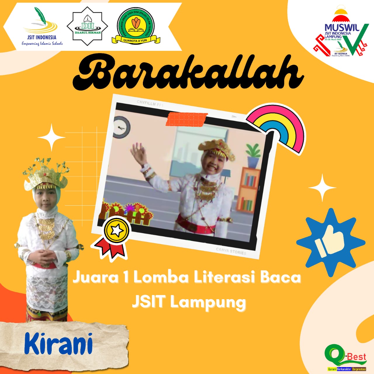 Ananda Kirani Duta Literasi Baca TKIT Qurrota Ayun Sabet Juara 1 Lomba Literasi tingkat TK Se-Provinsi Lampung